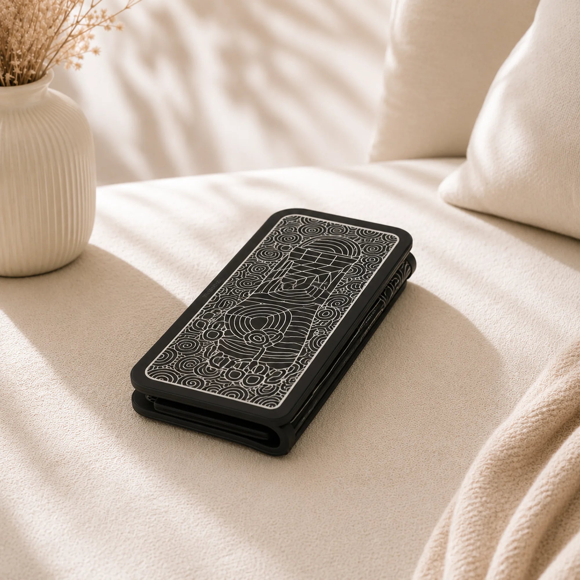 EMS foot massager pad folded in half resting on a cream blanket