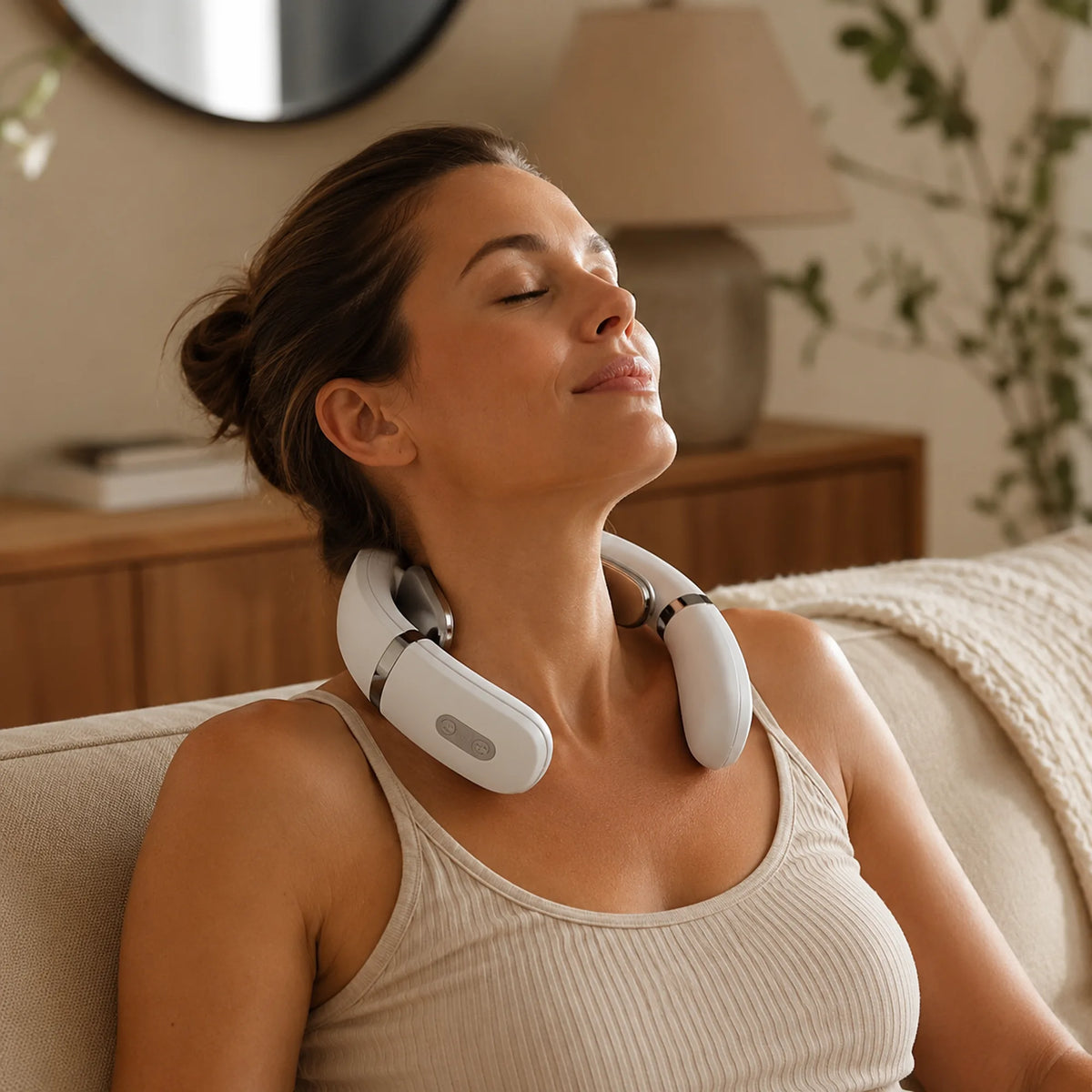 Woman wearing the EMS neck massager while sitting on a sofa with her eyes closed