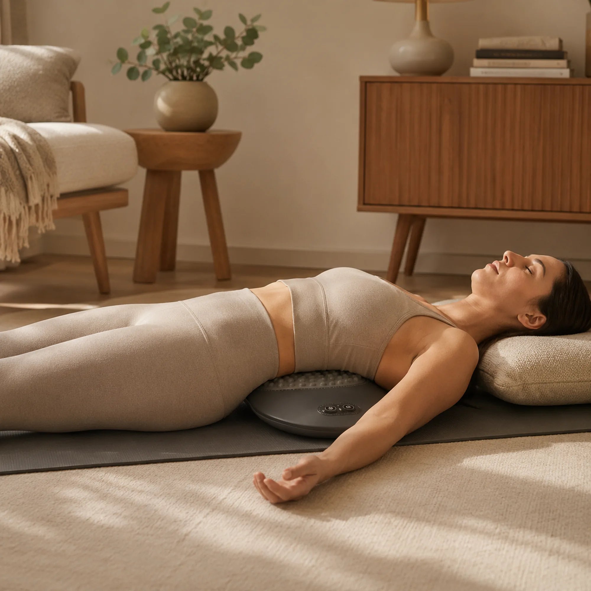 Woman lying flat on a mat with the massager supporting her lower back