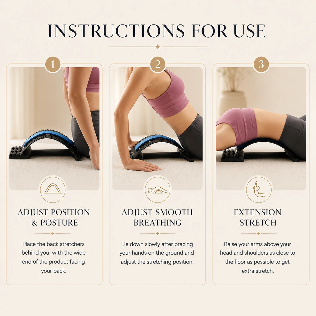 Three-step guide to positioning yourself on the back stretcher and easing into the extension