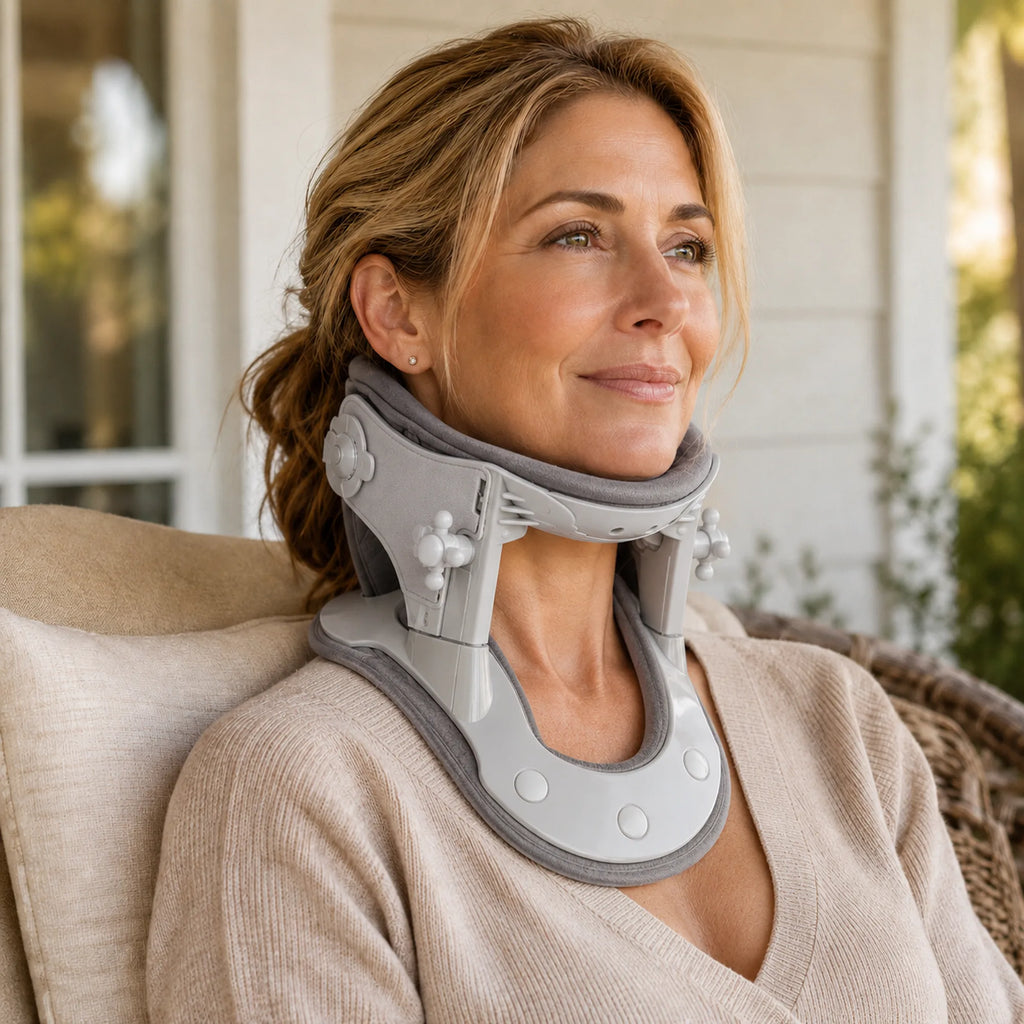 Woman sitting outdoors on a porch wearing the neck traction and heat collar
