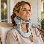 Woman sitting outdoors on a porch wearing the neck traction and heat collar