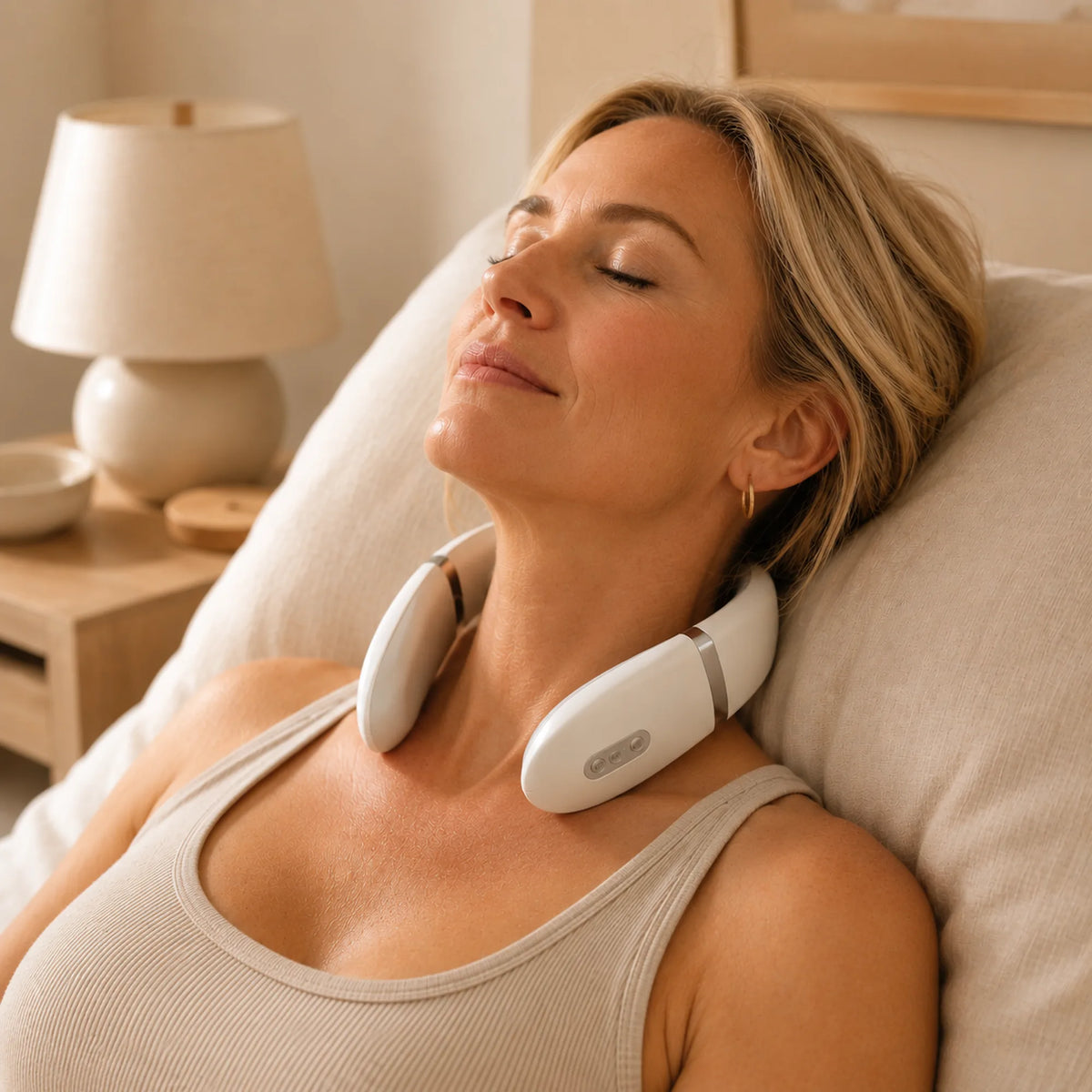 Woman reclining against cushions wearing the EMS neck massager