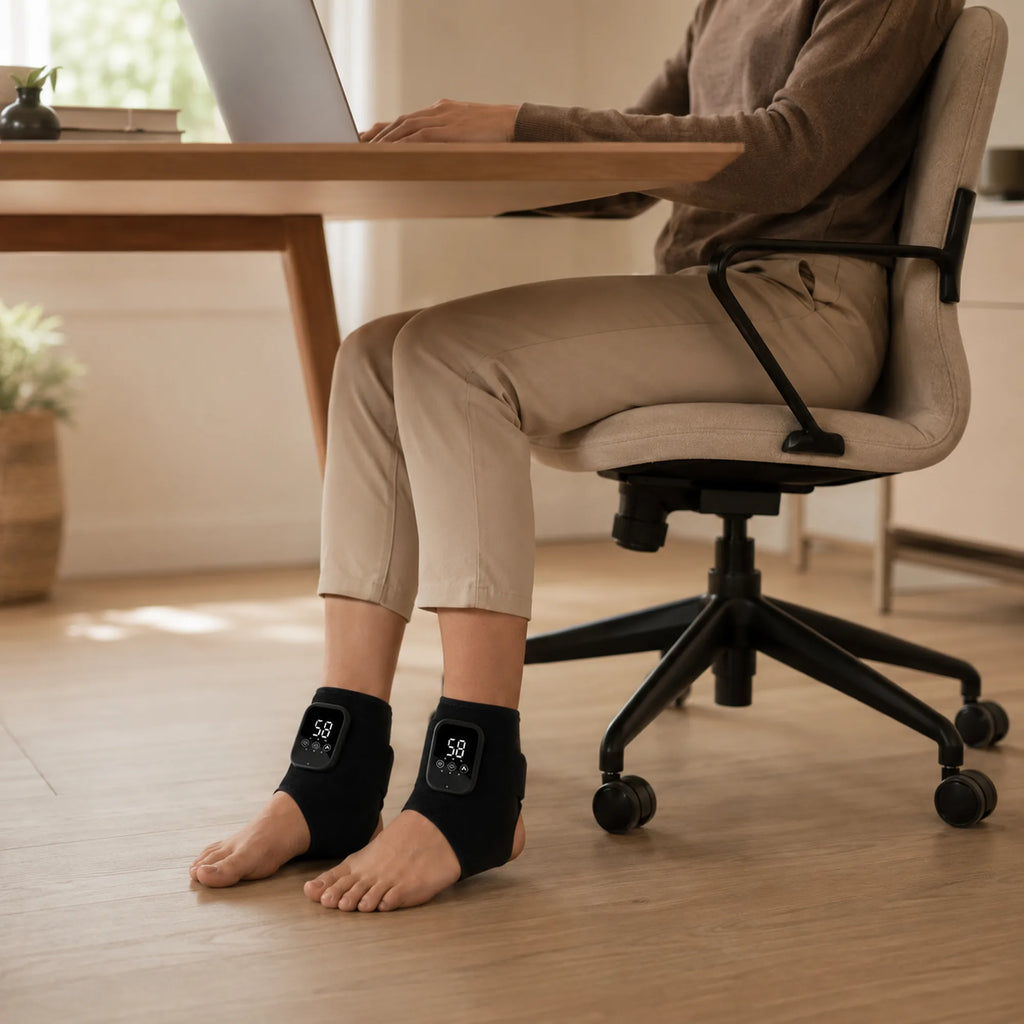 Person working at a desk wearing a heated foot massager on each foot