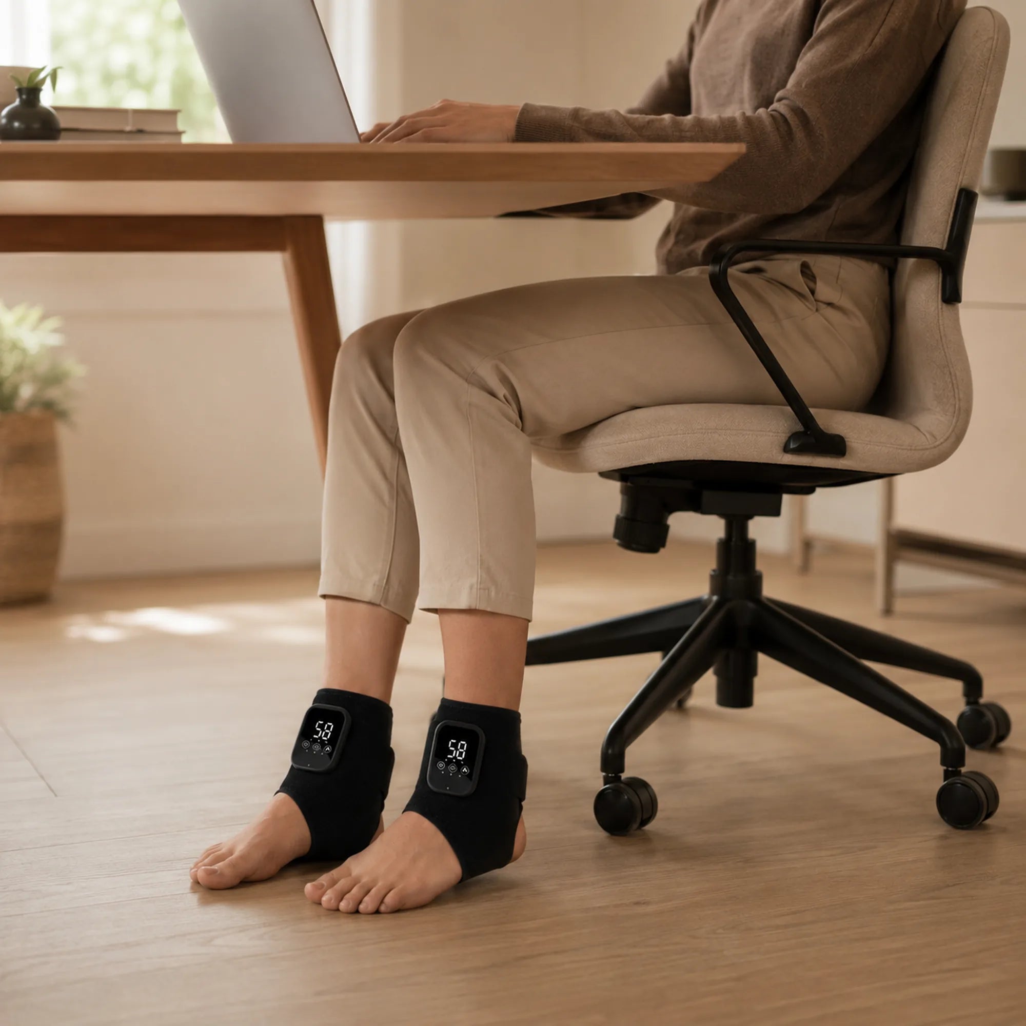 Person working at a desk wearing a heated foot massager on each foot