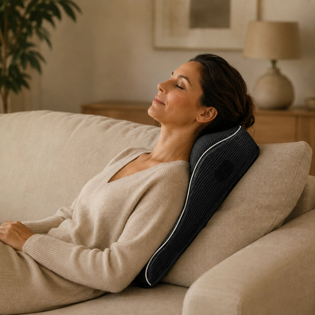 Woman resting back against the cushion on a sofa with her eyes closed