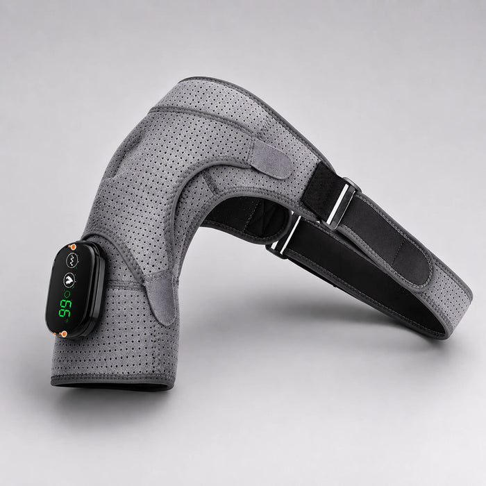 Heat and vibration shoulder brace shown at an angle on a plain gray background, showing the control unit and adjustable straps