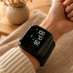 Close-up of the wrist blood pressure monitor worn on the wrist showing a reading