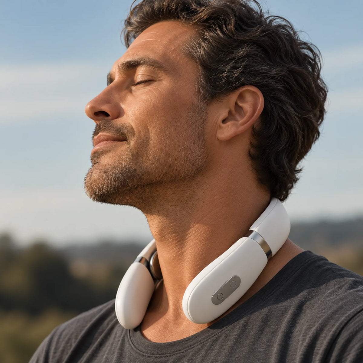 Man wearing the EMS neck massager outdoors with his eyes closed