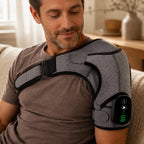 Man relaxing on a couch wearing the heat and vibration shoulder brace, with the control unit lit up green on his shoulder