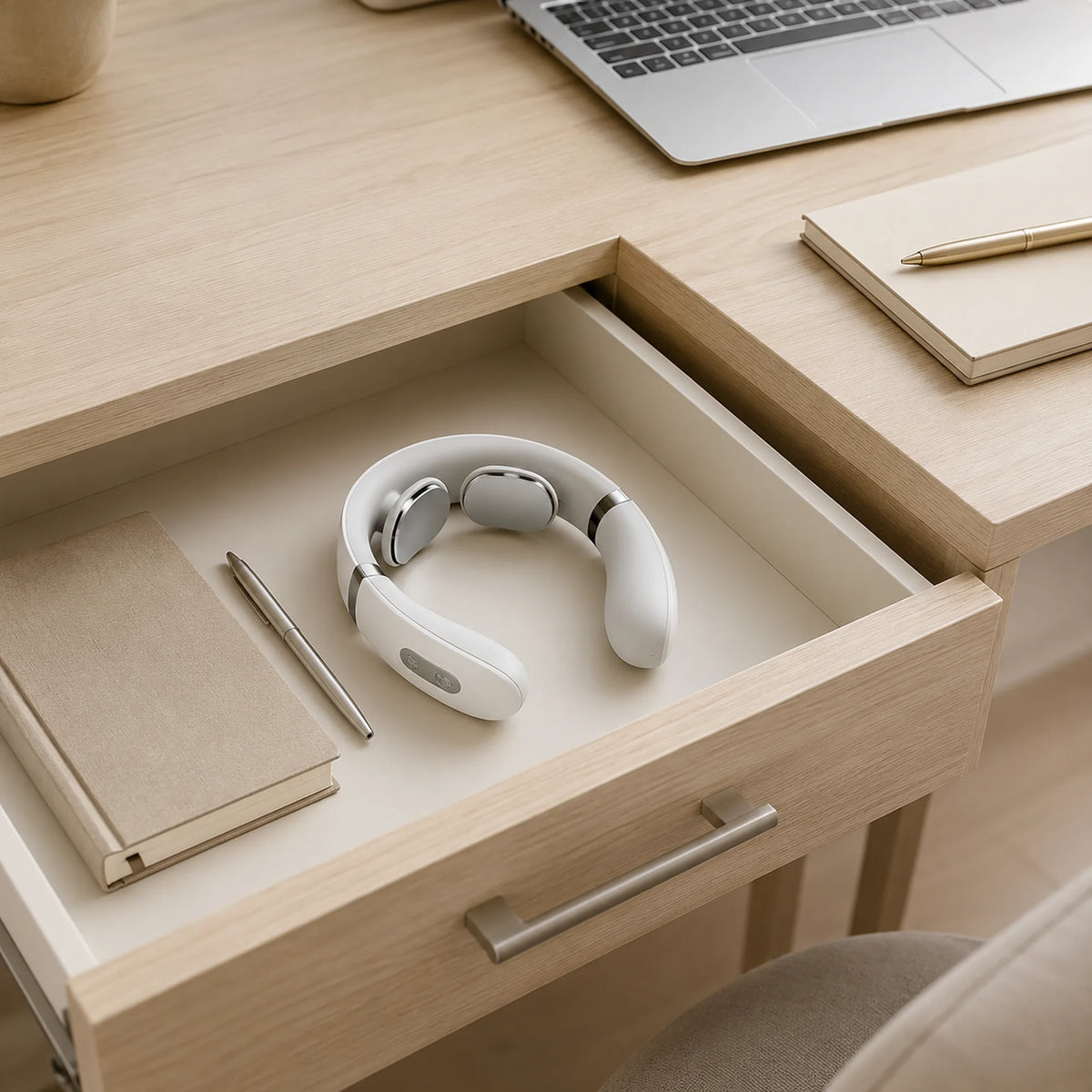 EMS neck massager stored in an open desk drawer beside a notebook and pen