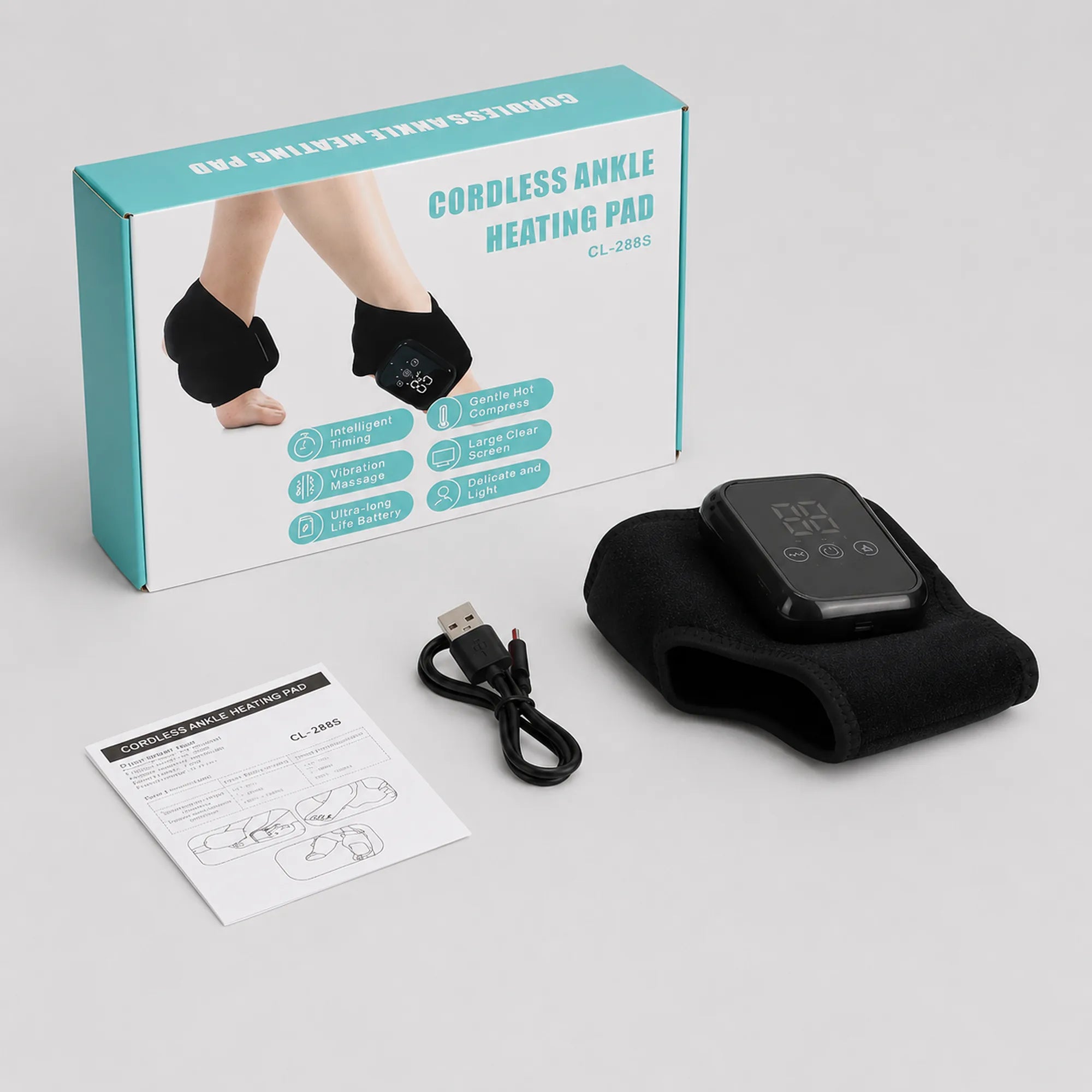 Box contents: heated wrap, USB charging cable and instruction sheet