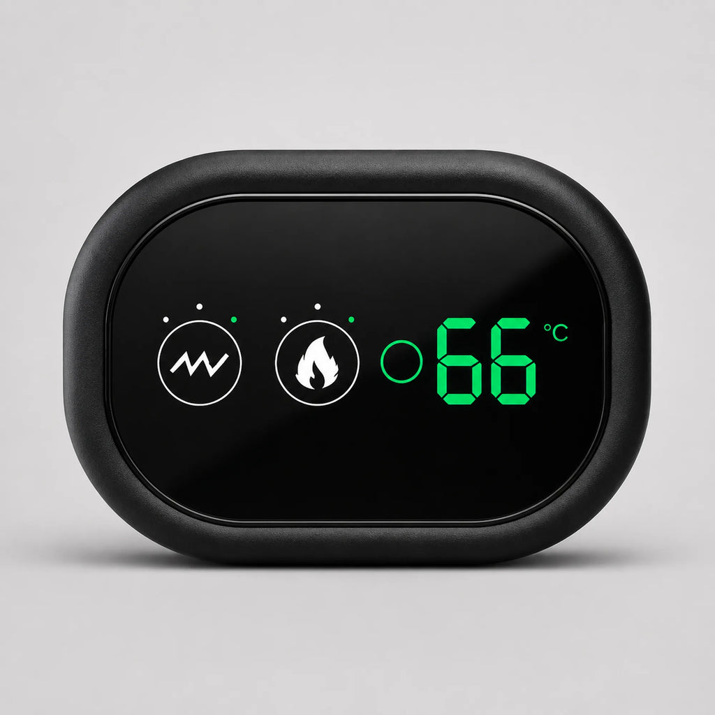 Close-up of the shoulder brace control unit screen with the vibration and heat icons lit up and a live temperature readout on the LED display