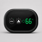 Close-up of the shoulder brace control unit screen with the vibration and heat icons lit up and a live temperature readout on the LED display