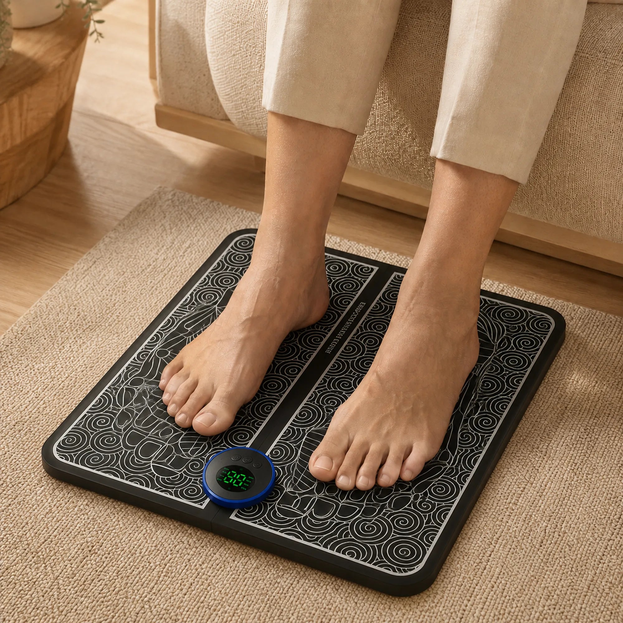 Close-up of a woman's bare feet resting on the EMS foot massager pad while seated on a sofa, control display lit up