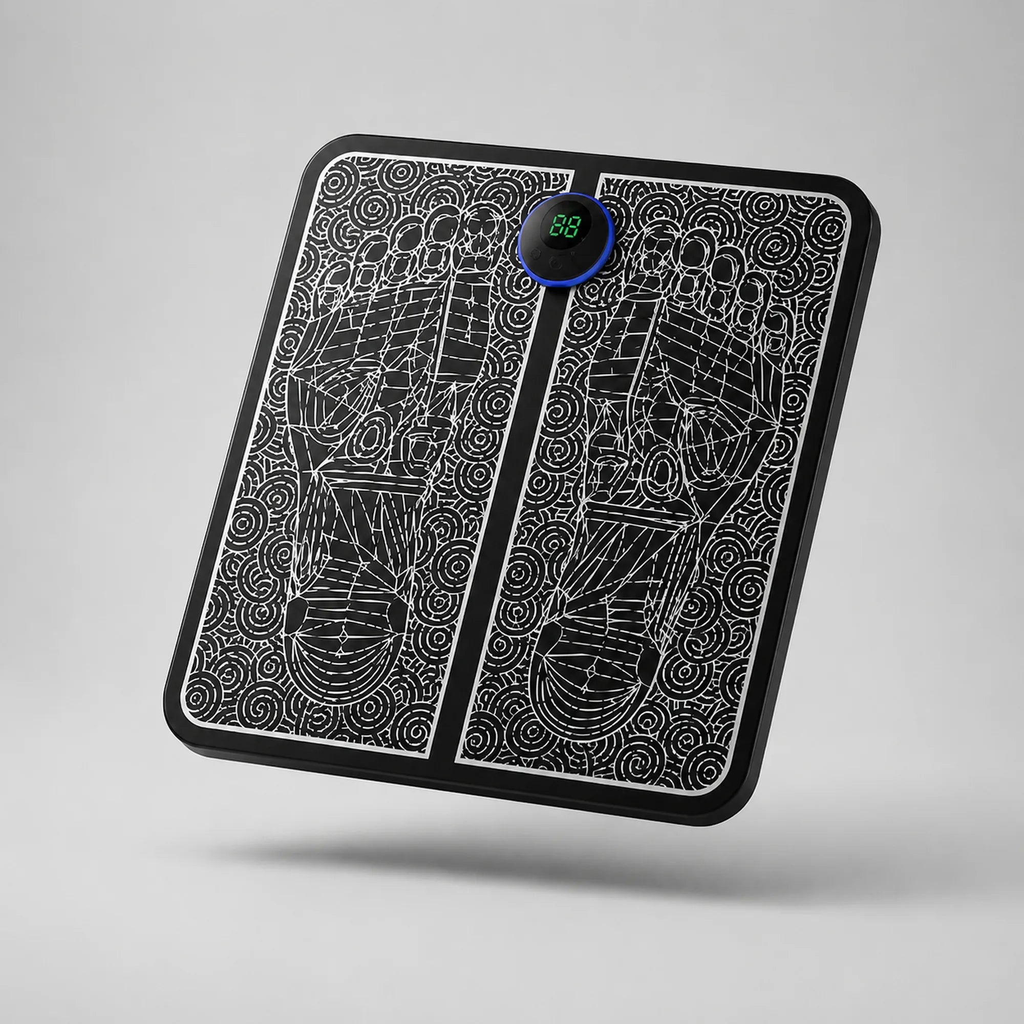 EMS foot massager pad shown at an angle, showing the printed foot-shaped pressure-point pattern on its surface