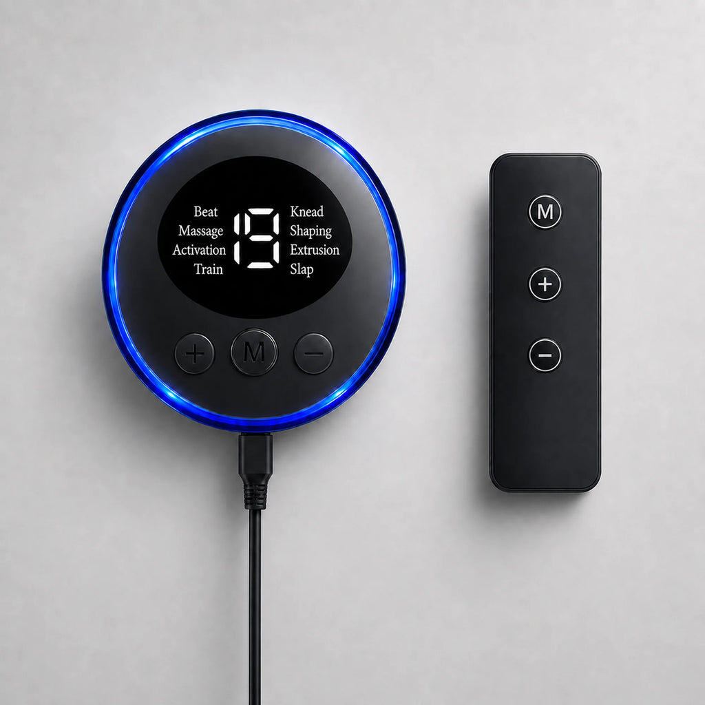 Close-up of the EMS foot massager control unit with white mode readout and wireless remote with M, plus and minus buttons